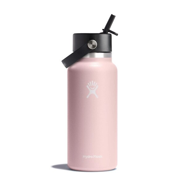 A baby pink 32 ounce stainless steel Hydroflask water bottle with straw lid and handle strap.